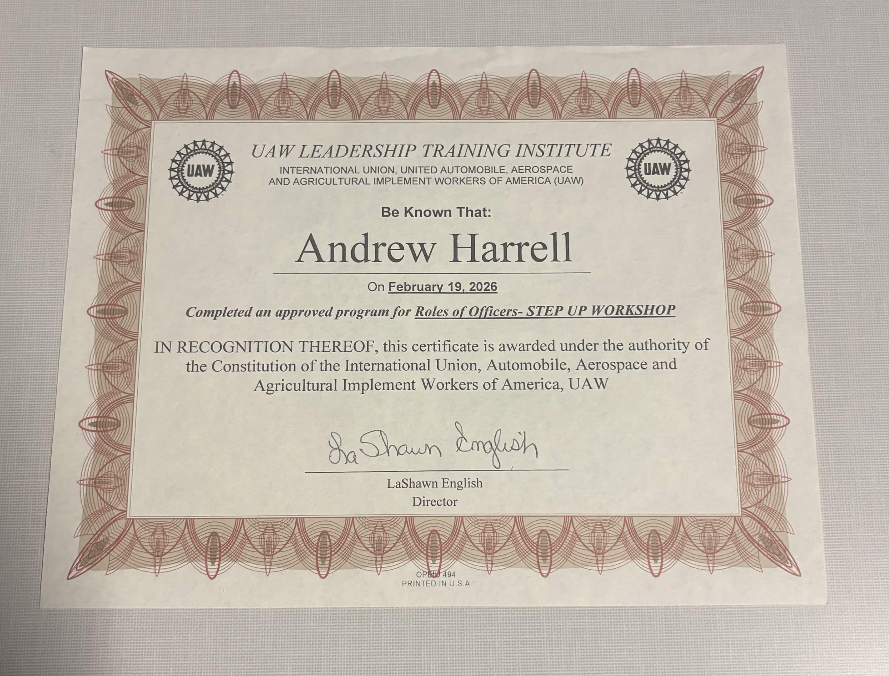 UAW Step Up Workshop Certificate